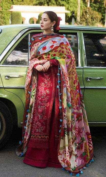 Dhanak 3pc unstitched fully embroidered suit with digital printed wool shawl