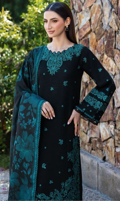 Dhanak 3pc unastitched embroiered suit woth twill digital printed shawl