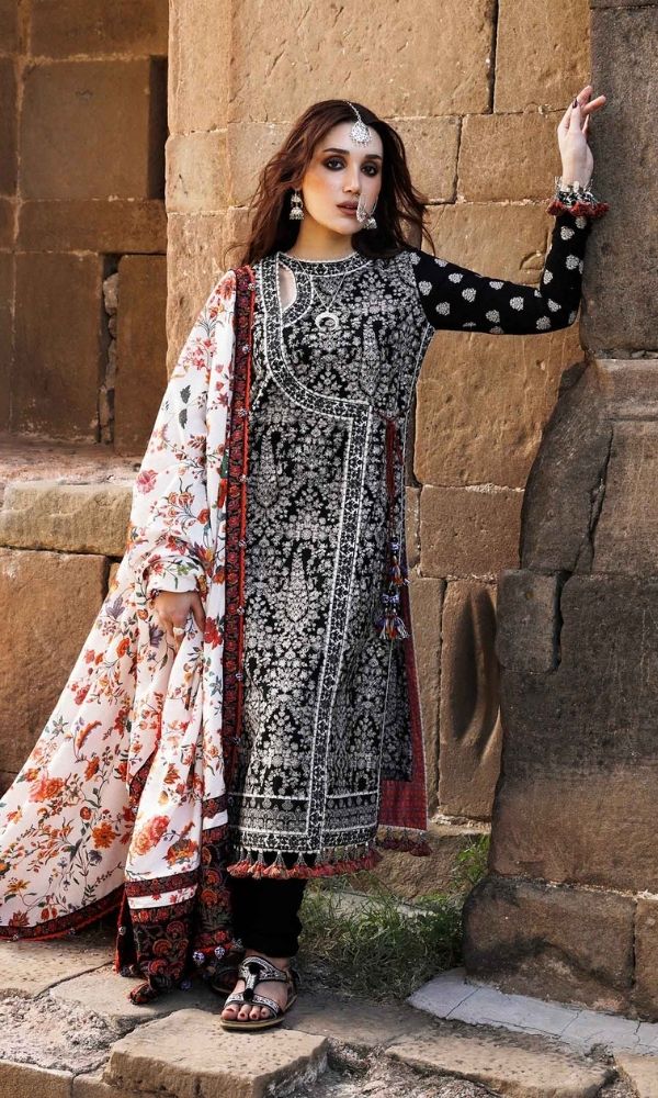 Dhanak 3pc unstitched heavy embroidered suit with digital printed wool shawl