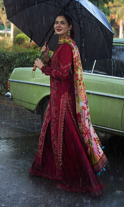 Dhanak 3pc unstitched fully embroidered suit with digital printed wool shawl