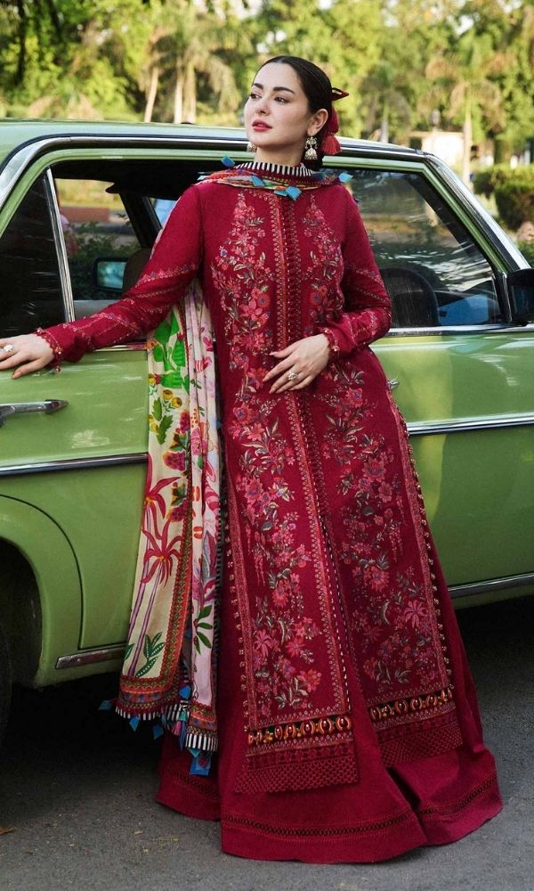 Dhanak 3pc unstitched fully embroidered suit with digital printed wool shawl