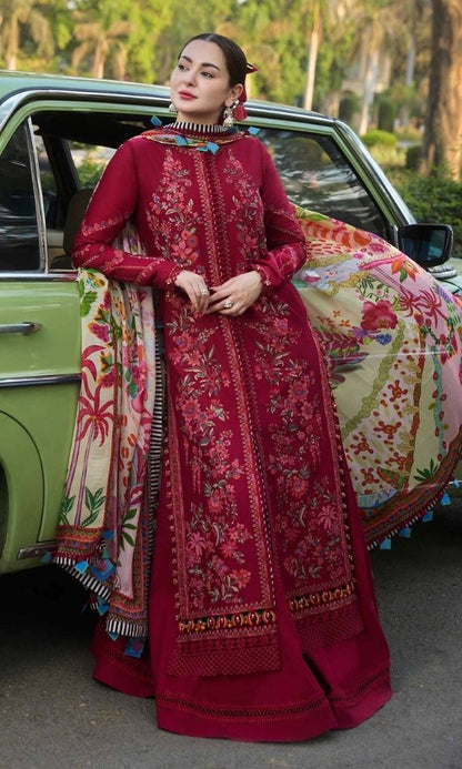 Dhanak 3pc unstitched fully embroidered suit with digital printed wool shawl