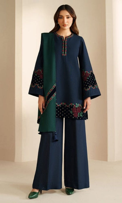 Dhanak 3pc unstitched embroidered suit with velvet patches