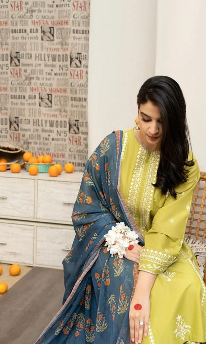 Dhanak 3pc unstitched embroidered shirt with embroidered trouser