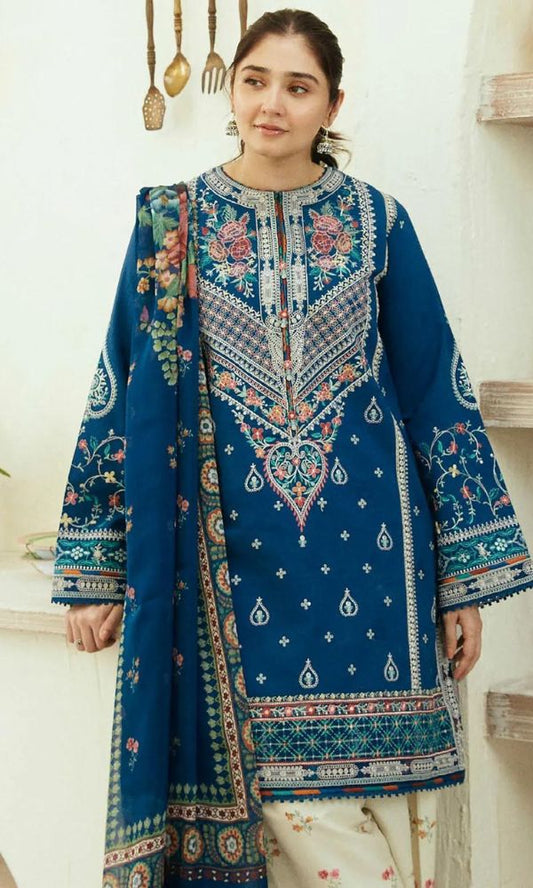Dhanak 3pc unstitched heavy embroidered suit with digital printed wool shawl