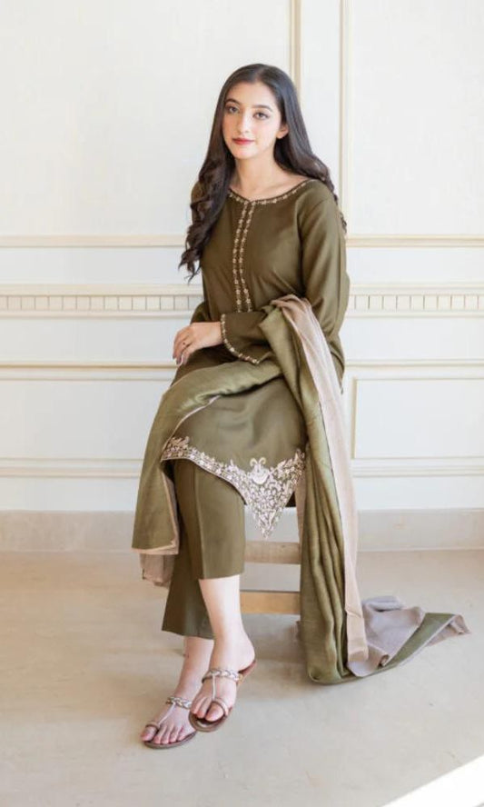 Dhanak 3pc unstitched embroidered shirt with embroidered sleeves