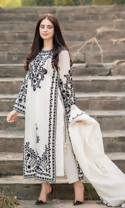 Dhanak 3pc unstitched heavy embroidered suit with dhanak embroidered shawl