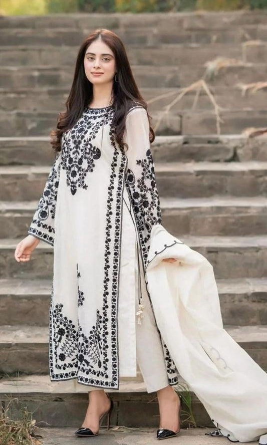 Dhanak 3pc unstitched heavy embroidered suit with dhanak embroidered shawl