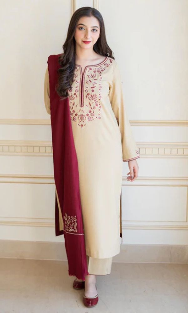 Dhanak 3pc unstitched suit with embroidered patches and embroidered shawl