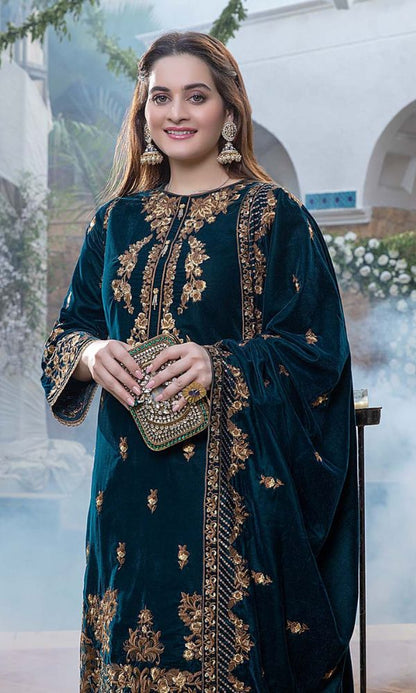 Velvet 3pc unstitched sequence embroidered shirt with velvet embroidered shawl