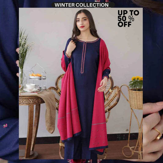 Dhanak 3pc unstitched embroidered suit with embroidered shawl