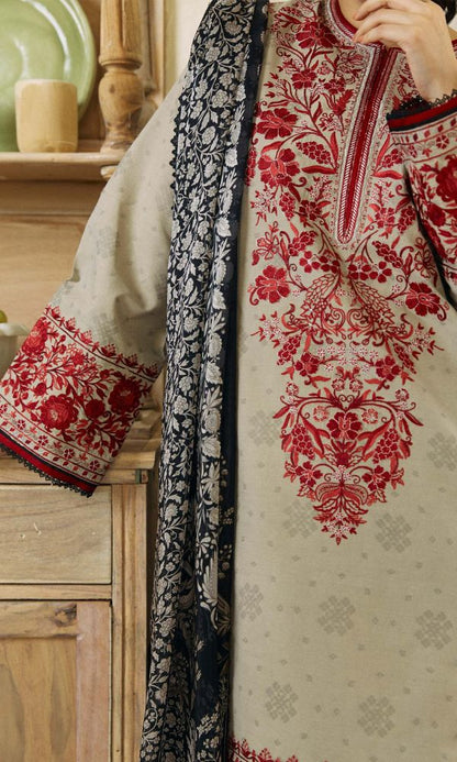 Dhanak 3pc unstitched heavy embroidered suit with digital printed wool shawl and patches