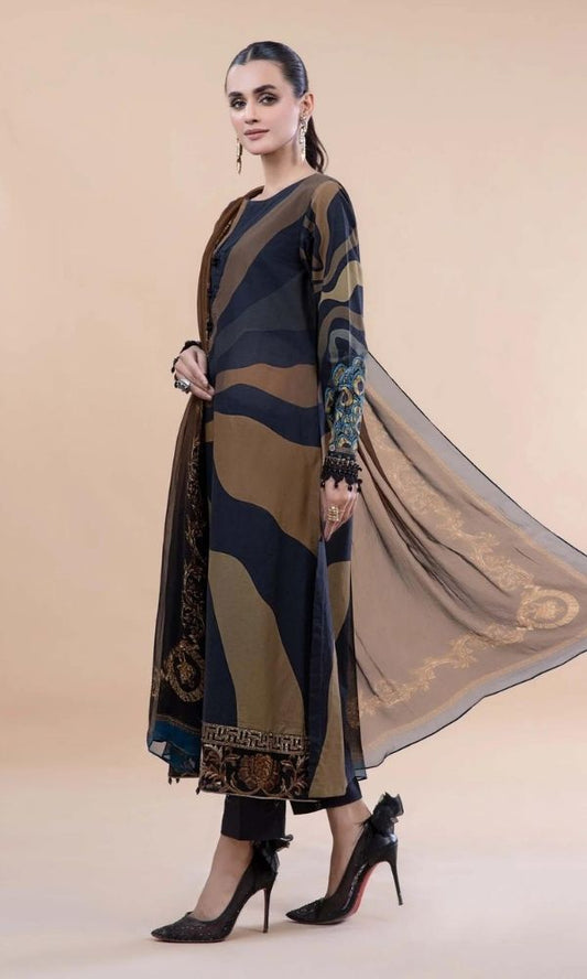 Lawn 3pc digital printed suit with patches and silk dupatta