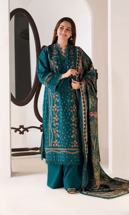 Lawn 3pc unstitched heavy embroidered suit with poly lawn digital printed dupatta