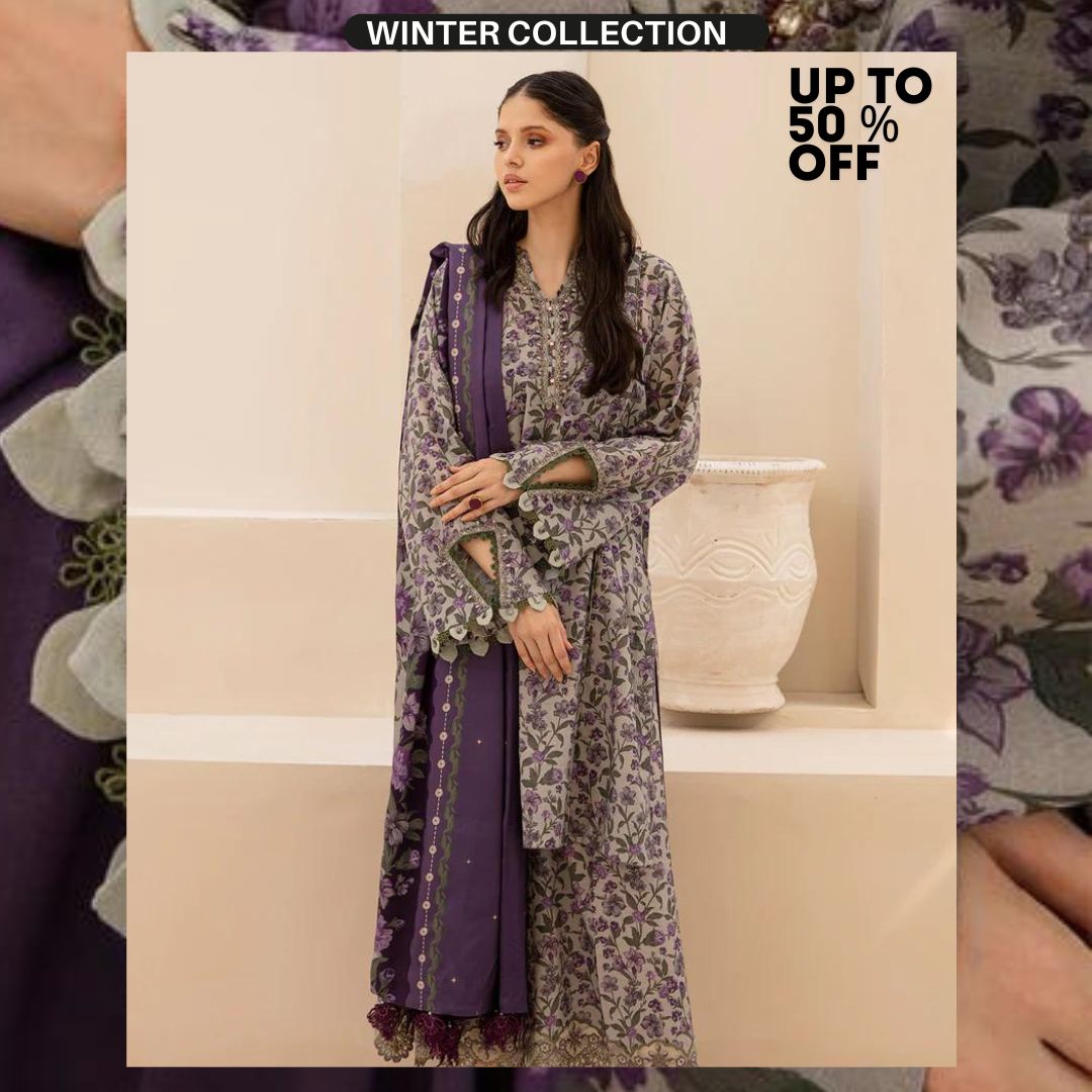 Khaddar 3pc unstitched digital printed suit with patches
