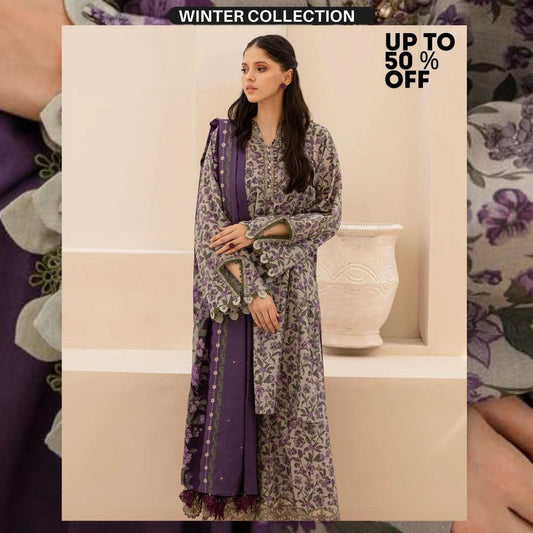 Khaddar 3pc unstitched digital printed suit with patches