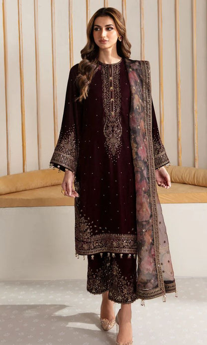 velvet 3pc unstitched heavy sequence embroidered suit with patches and embroidered dupatta and embroidered trouser