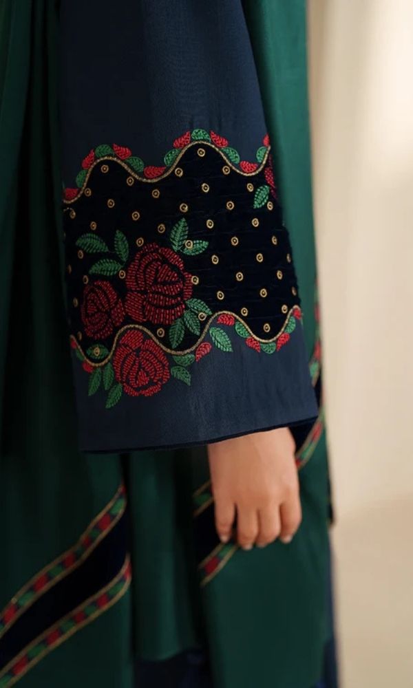 Dhanak 3pc unstitched embroidered suit with velvet patches