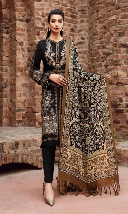 Dhanak 3pc unstitched embroidered suit with printed wool shawl
