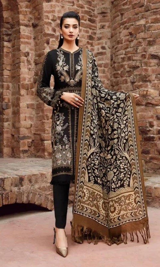 Dhanak 3pc unstitched embroidered suit with printed wool shawl