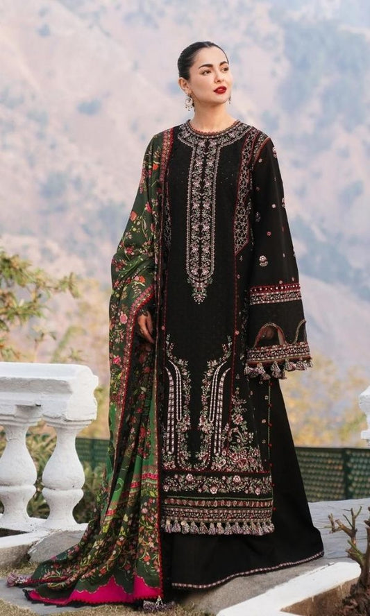 Dhanak 3pc unstitched fully embroidered suit with digital printed wool shawl