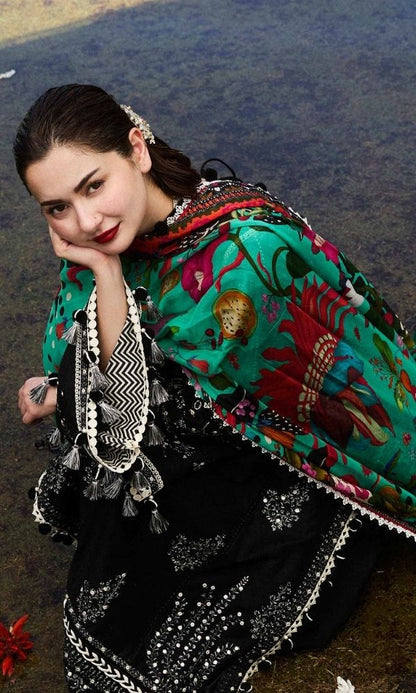 Dhanak 3pc unstitched heavy embroidered suit with digital printed wool shawl