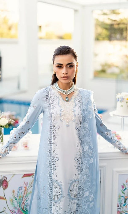 Lawn 3pc unstitched luxury heavy chiken kari embroidered suit with embroidered dupatta and pallu patches