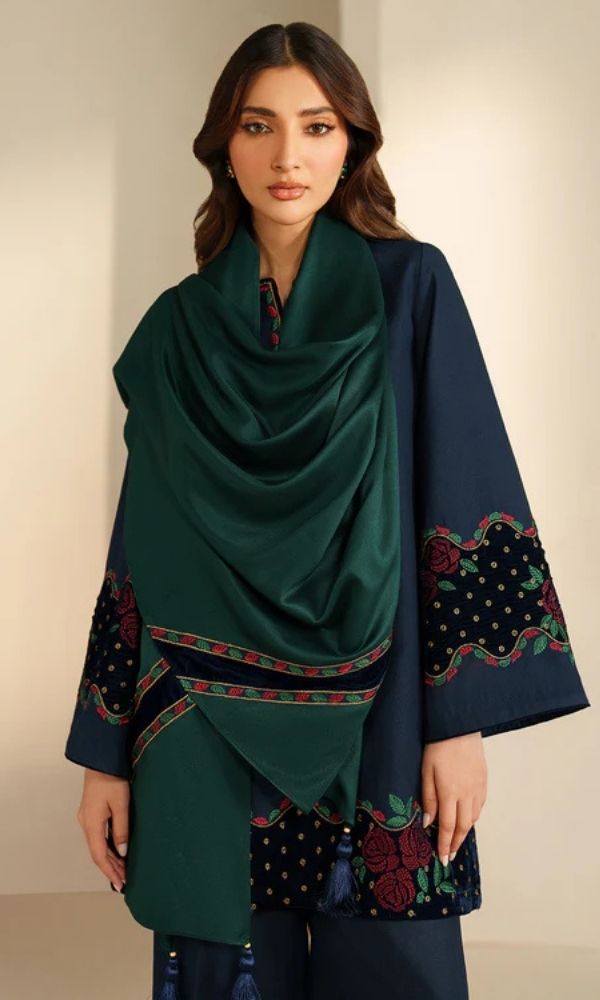 Dhanak 3pc unstitched embroidered suit with velvet patches