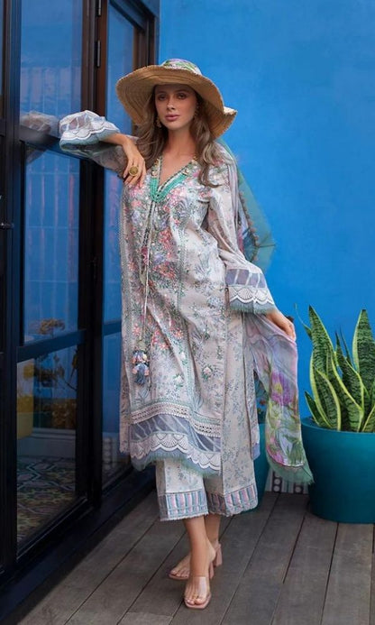 Lawn 3pc digital printed suit with patches and silk dupatta