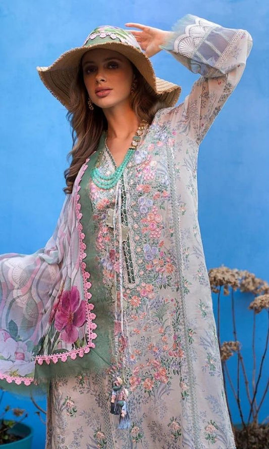 Lawn 3pc digital printed suit with patches and silk dupatta