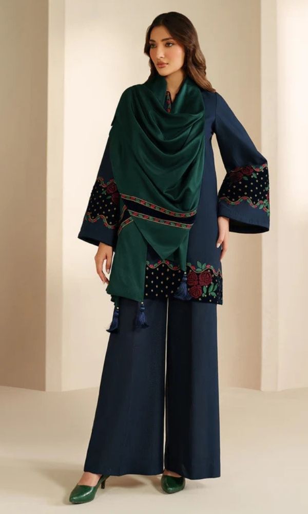 Dhanak 3pc unstitched embroidered suit with velvet patches