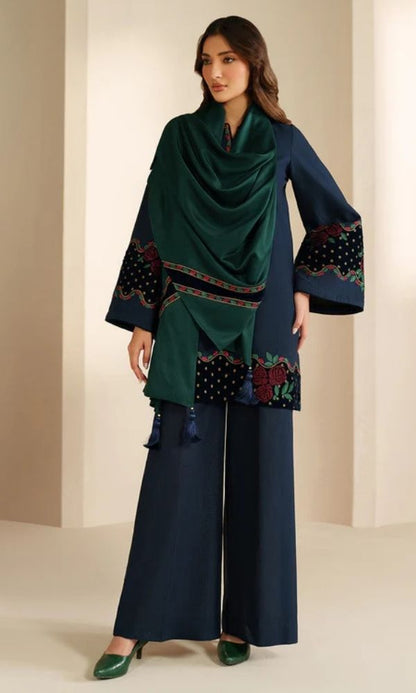 Dhanak 3pc unstitched embroidered suit with velvet patches