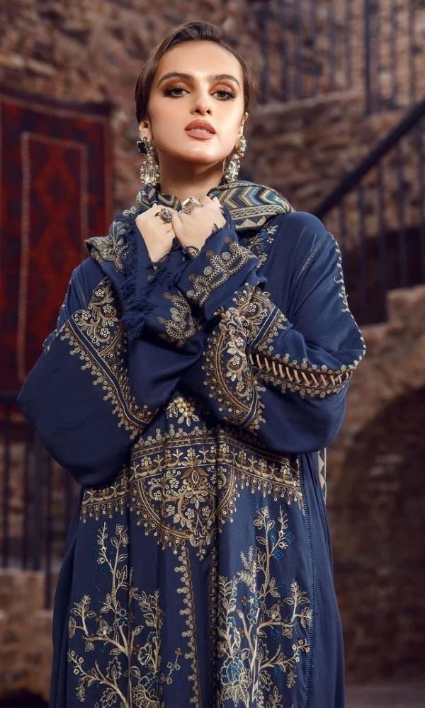 Dhanak unstitched 3pc heavy embroidered shirt with printed wool shawl