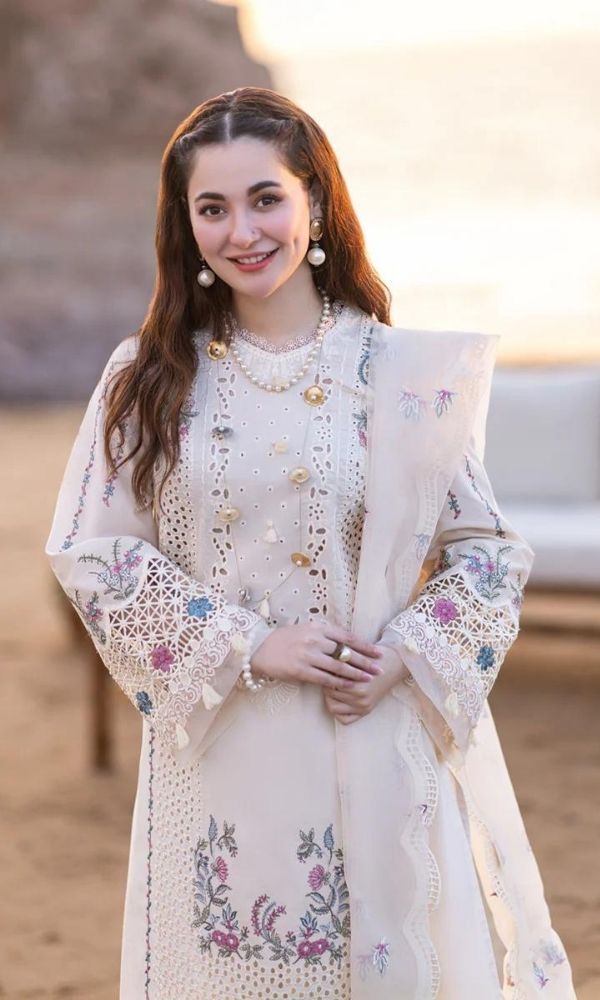Dhanak 3pc unstitched heavy embroidered suit wit patches and motives and khaadi jaqaud dupatta