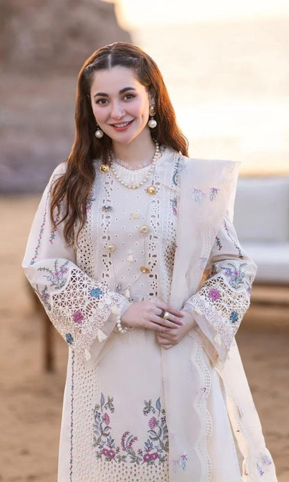 Dhanak 3pc unstitched heavy embroidered suit wit patches and motives and khaadi jaqaud dupatta