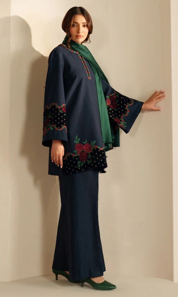 Dhanak 3pc unstitched embroidered suit with velvet patches