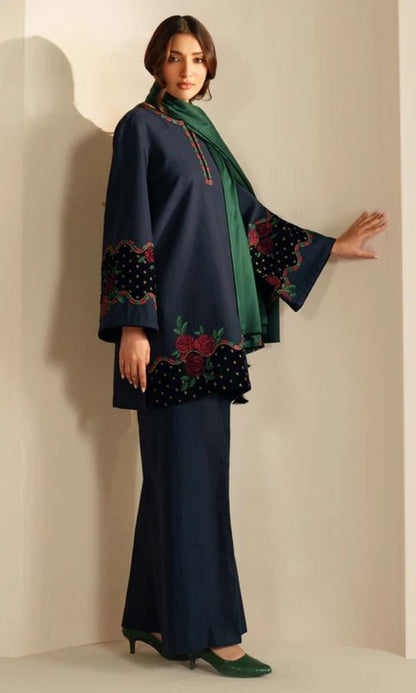 Dhanak 3pc unstitched embroidered suit with velvet patches