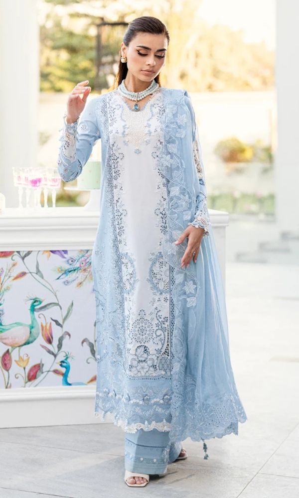 Lawn 3pc unstitched luxury heavy chiken kari embroidered suit with embroidered dupatta and pallu patches