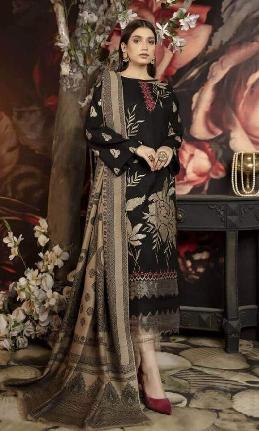 Dhanak 3pc unstitched embroidered shirt with printed wool shawl