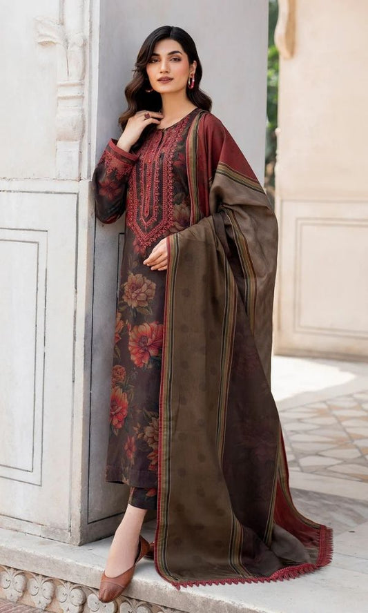 Khaddar 3pc unstitched digital printed suit with patches