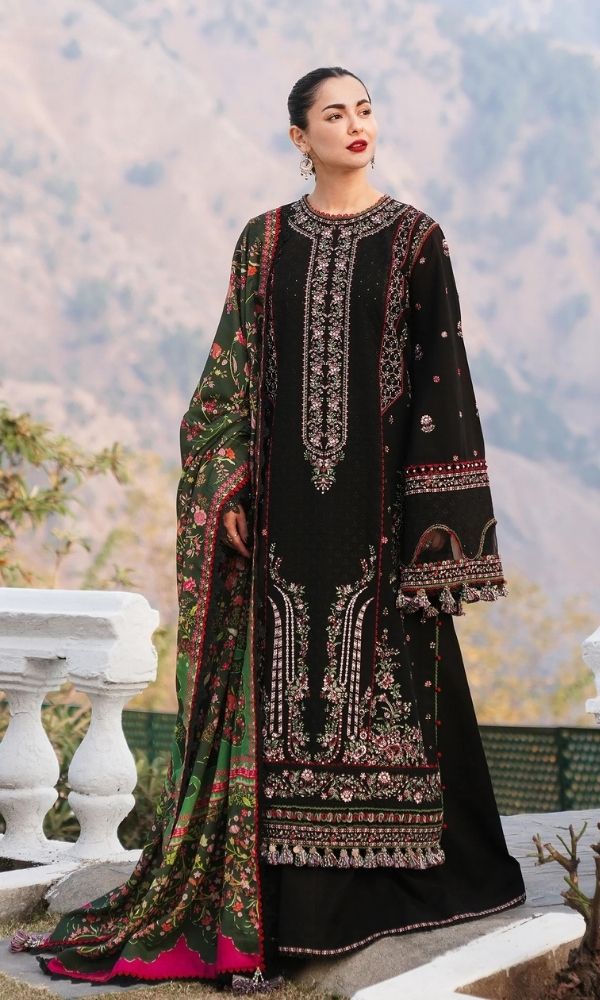 Dhanak 3pc unstitched fully embroidered suit with digital printed wool shawl