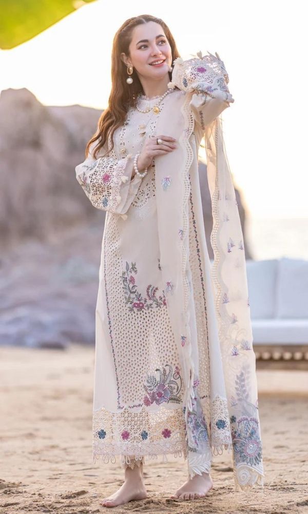 Dhanak 3pc unstitched heavy embroidered suit wit patches and motives and khaadi jaqaud dupatta