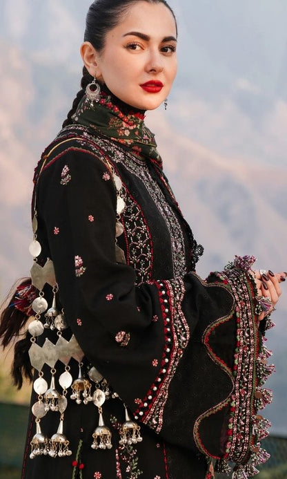 Dhanak 3pc unstitched fully embroidered suit with digital printed wool shawl