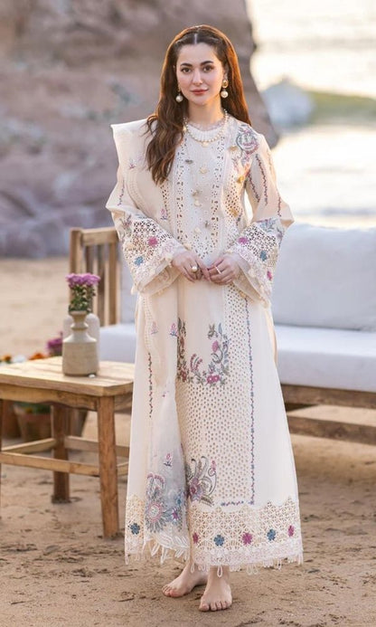 Dhanak 3pc unstitched heavy embroidered suit wit patches and motives and khaadi jaqaud dupatta