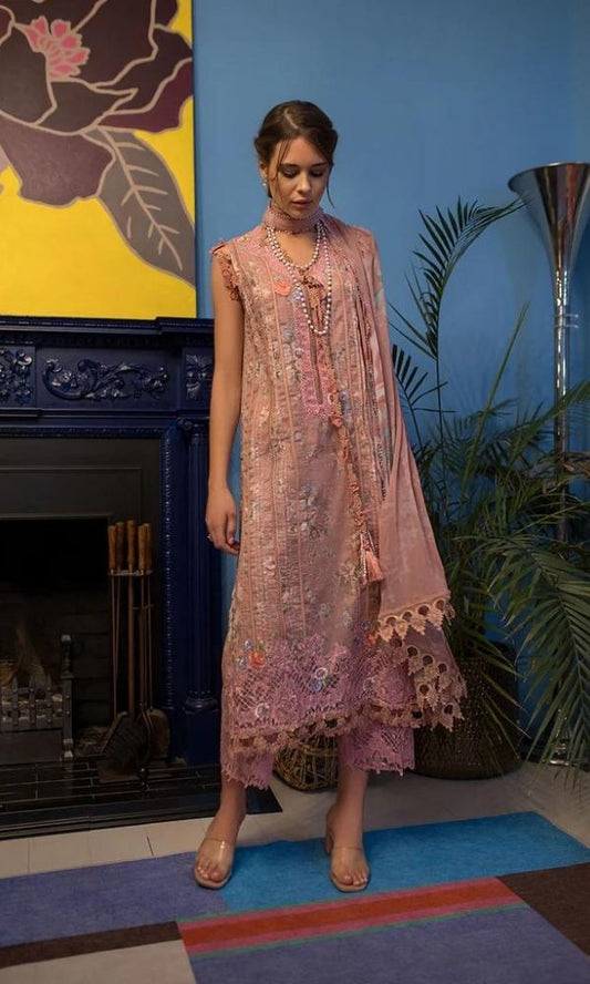 Lawn 3pc digital printed suit with silk dupatta and patches