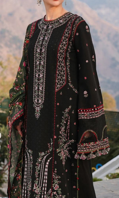 Dhanak 3pc unstitched fully embroidered suit with digital printed wool shawl