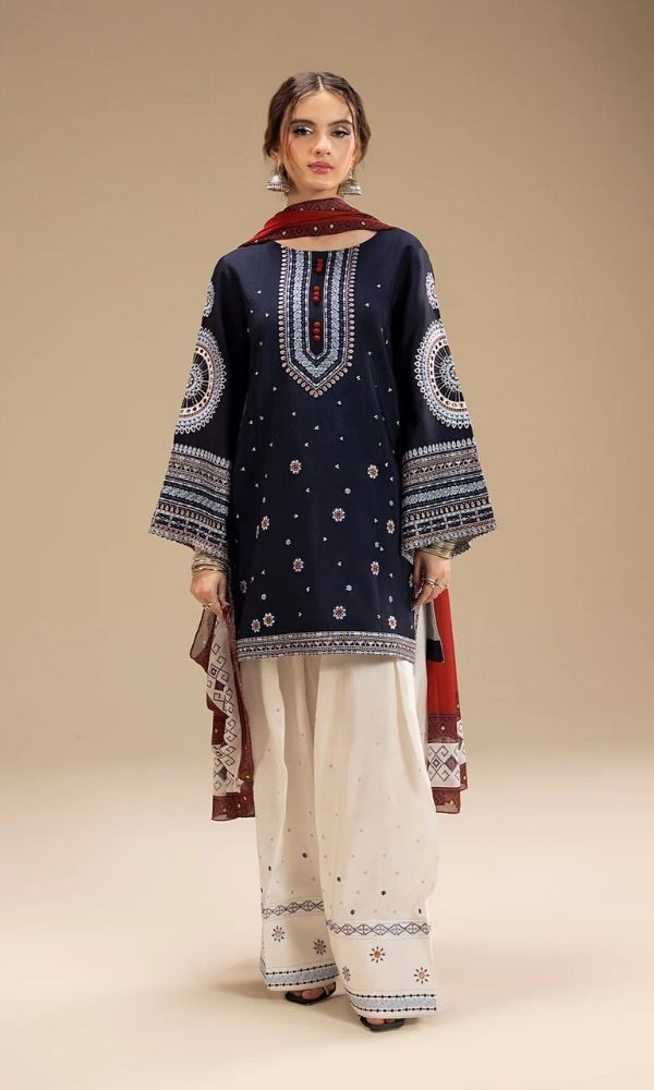 Dhanak 3pc unstitched embroidered suit with digital printed wool shawl