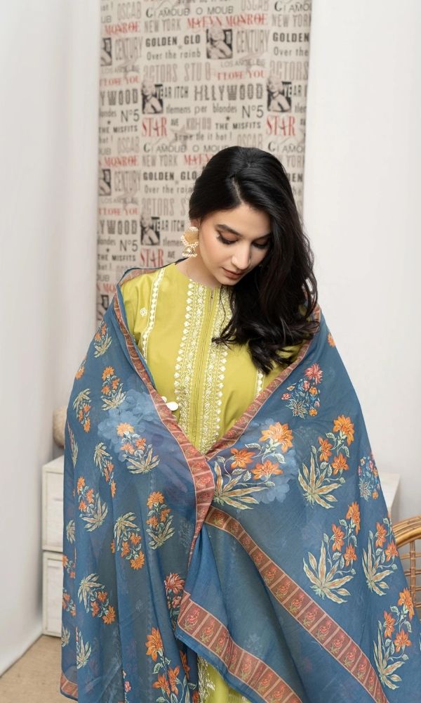 Dhanak 3pc unstitched embroidered shirt with embroidered trouser