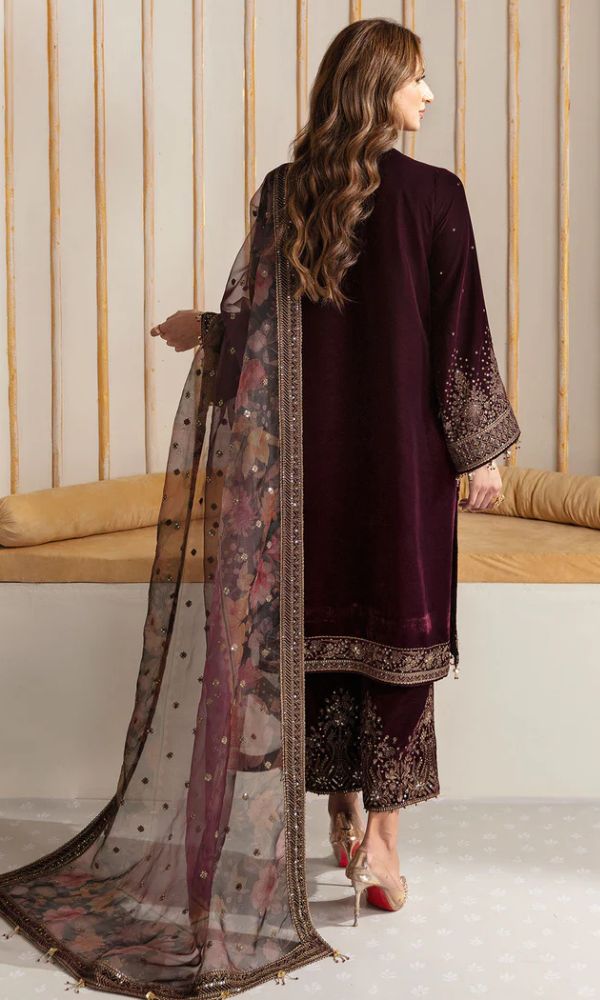 velvet 3pc unstitched heavy sequence embroidered suit with patches and embroidered dupatta and embroidered trouser