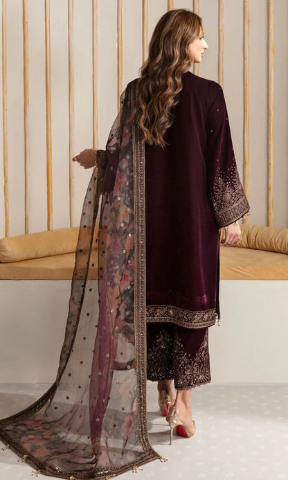 velvet 3pc unstitched heavy sequence embroidered suit with patches and embroidered dupatta and embroidered trouser
